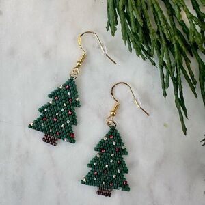Christmas Tree Seed Bead Earrings Handwoven Beaded Earrings Gift for Her